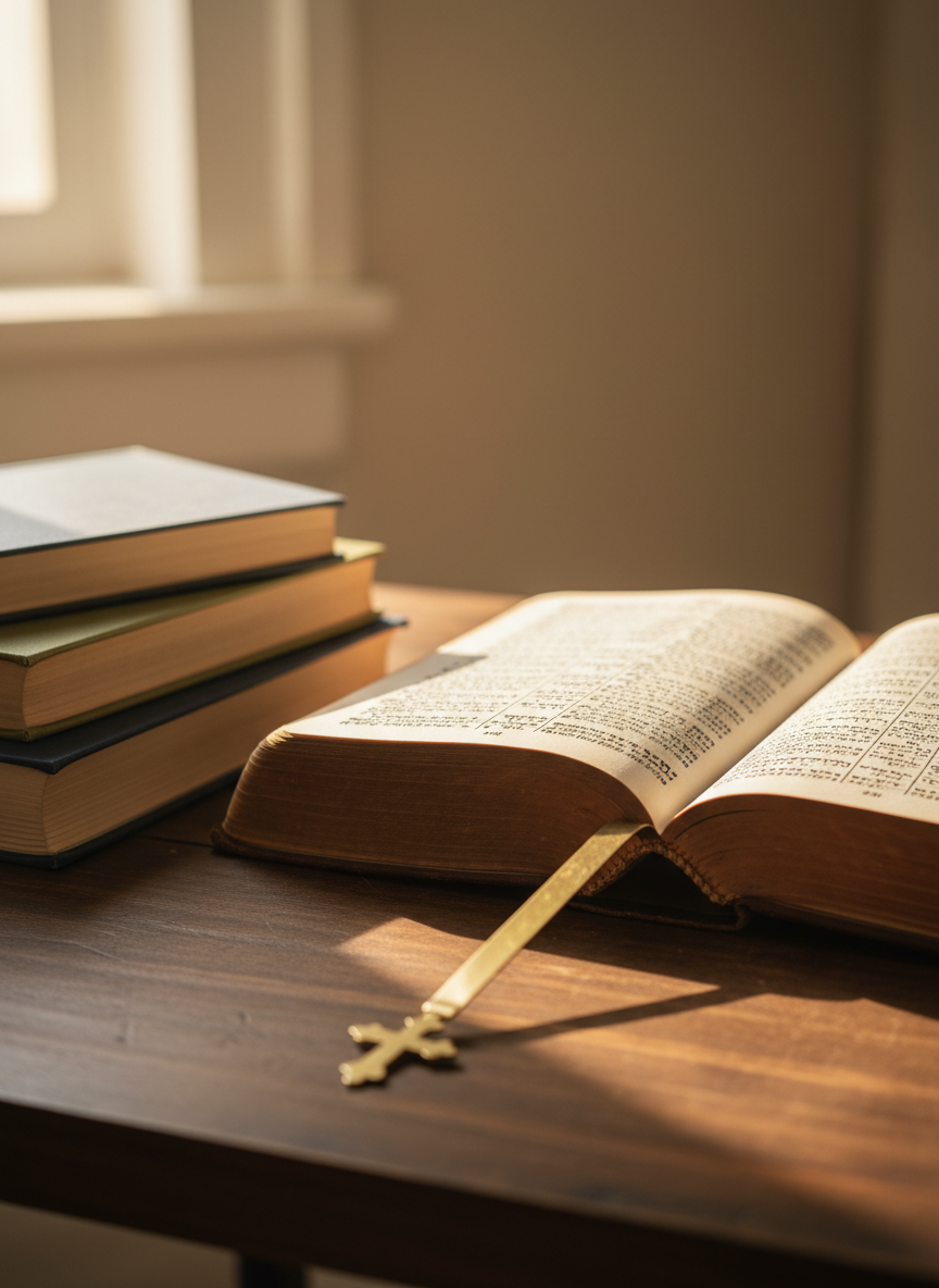 A well-worn leather Bible lying open on a simple wooden table, its thin, slightly curled pages revealing a passage from the prophets without any visible text. A brass bookmark ribbon drapes gently across the center fold, catching the light. Around it rest a few neatly stacked, unmarked hardcover reference books in muted tones, suggesting scholarly study. Soft morning sunlight from an unseen window creates a warm, diffused glow, illuminating the pages and casting gentle shadows across the wood grain. Photographic realism, shot at eye level with a shallow depth of field so the background softly blurs, giving a calm, contemplative, and authoritative atmosphere suited for serious Bible prophecy study.