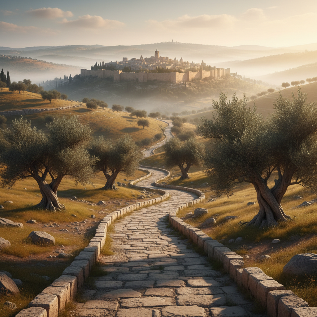 An expansive photographic scene of an ancient Near Eastern landscape at sunrise, with a rugged, stone-lined path leading toward a distant walled city on a hill, loosely evoking Jerusalem without showing modern details. Olive trees with twisted trunks dot the foreground, and terraced hills fade into soft mist. Golden morning light washes over the stones and foliage, creating long, gentle shadows and a serene, hopeful mood. Captured in wide-angle from a slightly elevated viewpoint, the path draws the eye into the frame, symbolizing a journey through biblical prophecy. Photographic realism with sharp foreground detail and a subtly blurred horizon, conveying timelessness and quiet reflection.