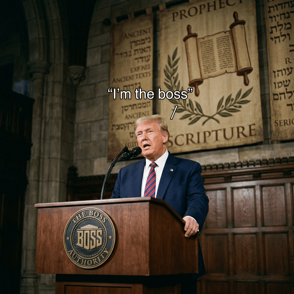 Man in a suit speaking at a podium with 'The Boss' emblem and scripture banners behind