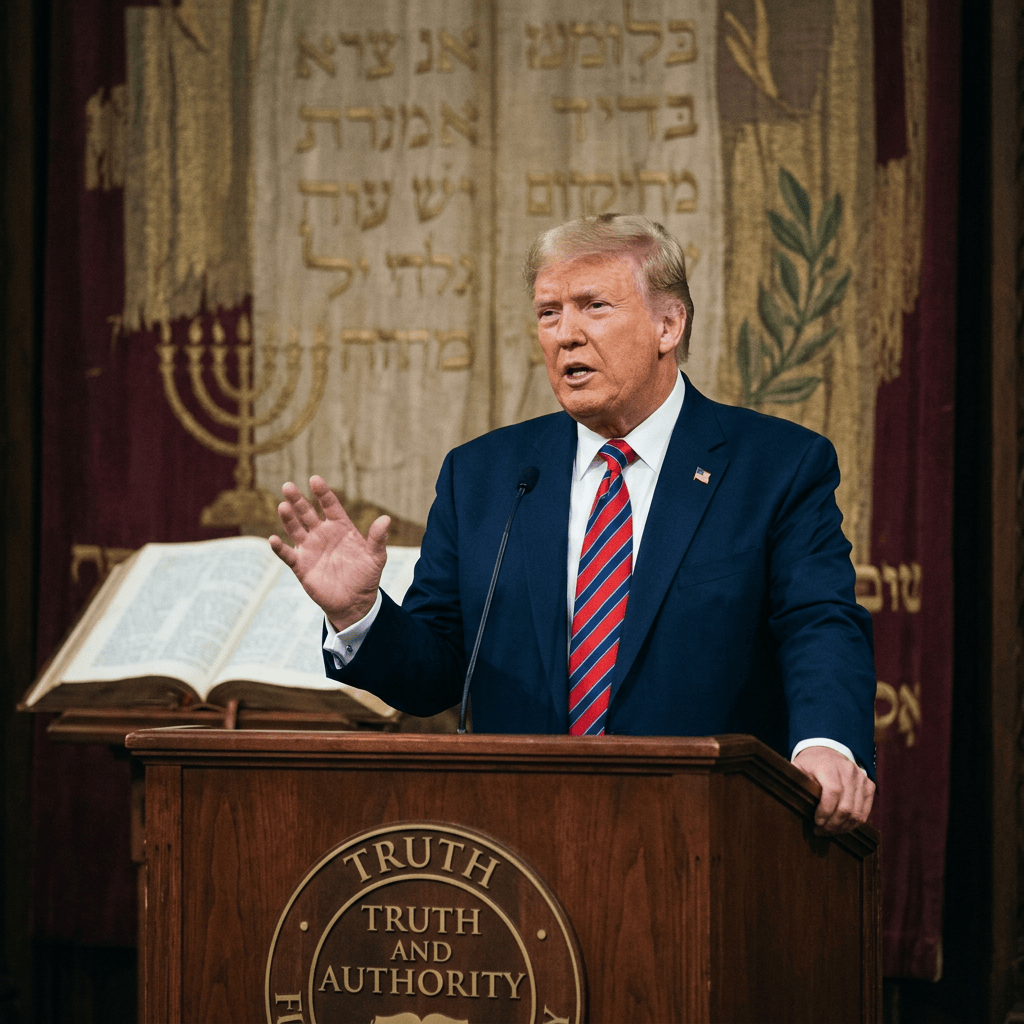 Man speaking at podium with 'Truth and Authority' emblem and Hebrew text background